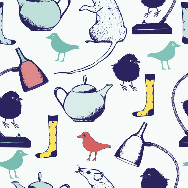 一个无缝的图案，有老鼠，灯，水壶，鸡，鸟，袜子。图片下载