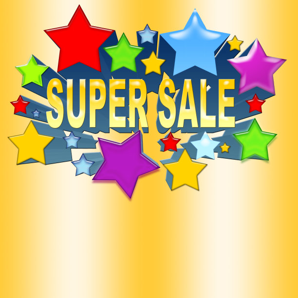 3d闪亮明亮的金色超级销售文本与明亮的多色星星孤立在奇特的金色背景。图片下载