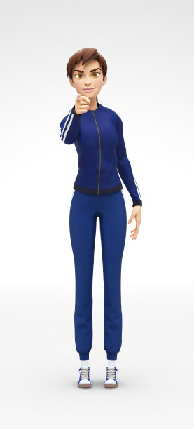 快乐和友好的珍妮微笑- 3D卡通女性角色体育模型-指着手指傻笑，在体育运动服图片下载