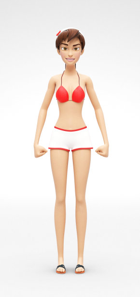 愤怒，皱眉和强调珍妮- 3D卡通女性角色模型-握拳侵略性，在休闲两件泳衣比基尼图片下载