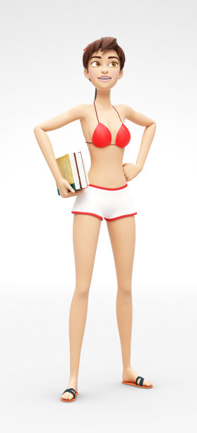 微笑，聪明和忙碌的珍妮- 3D卡通女性角色模型-书呆子学生与书，在休闲两件泳衣比基尼图片下载