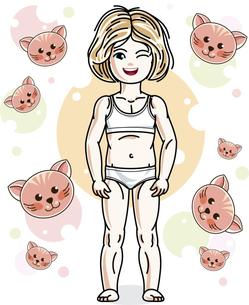 穿着内衣的金发小女孩和猫站在背景上。向量有吸引力的孩子插图。睡眠时间的主题。图片下载