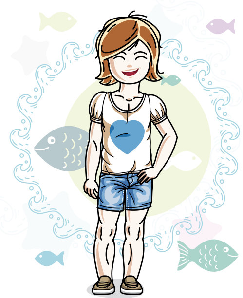 小红发女孩可爱的孩子蹒跚学步的便装站在海洋背景与海洋和鱼类。矢量是很好的人体插画。图片下载