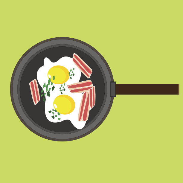 煎锅里的熏肉煎蛋。图标持平。煎蛋和培根特写图片下载