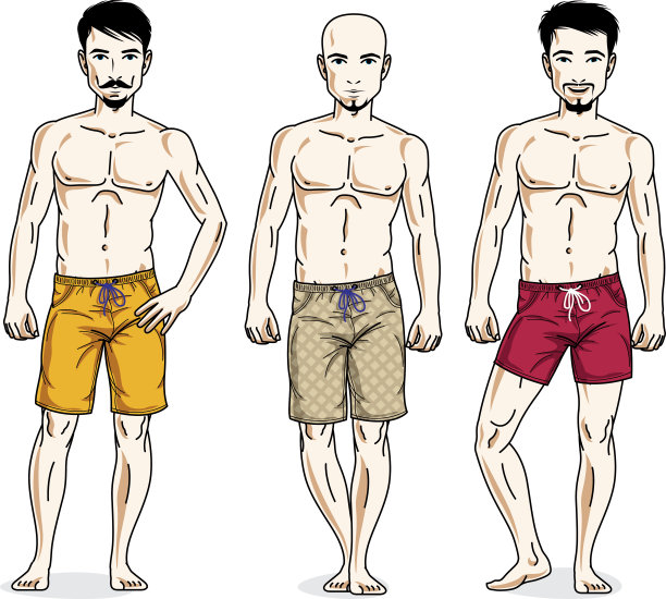 英俊的男人摆着运动的姿势，穿着沙滩短裤。矢量字符集合。生活方式主题的男性角色。图片下载