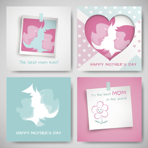 一套绿色和粉红色的母亲节贺卡。妇女和婴儿的剪影，祝贺文本，切割心的虚线背景，相框和贴纸图片下载