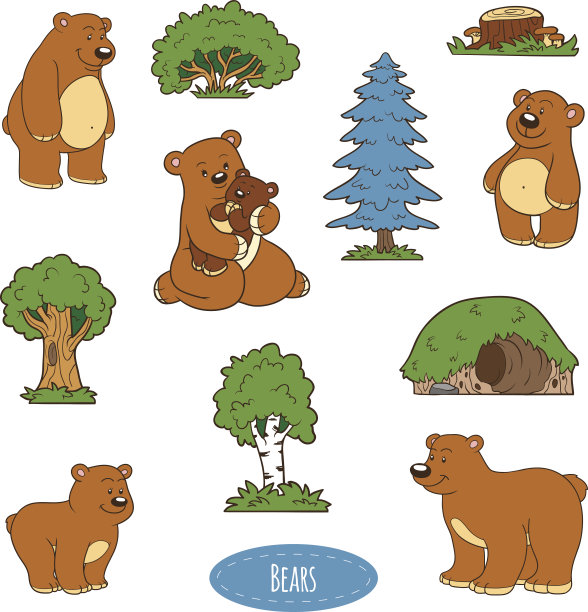 动物和物体的彩色套装，矢量贴纸，家庭熊图片下载