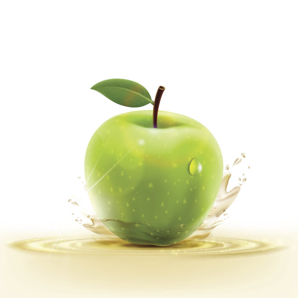 绿色成熟的苹果果实和水滴从果汁。图片下载