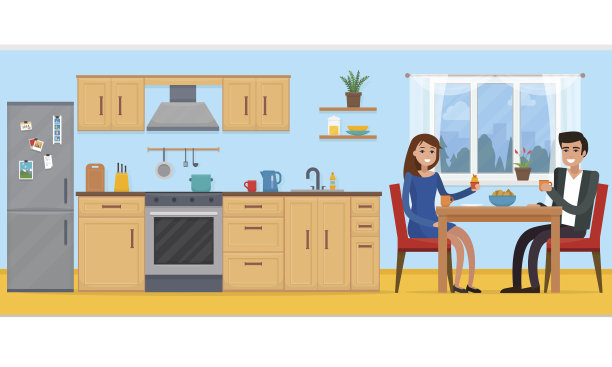 一对夫妇在厨房里摆家具。素材图片