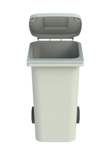 前视图的灰色垃圾桶与一个开放的盖子上的白色背景，3D渲染图片下载
