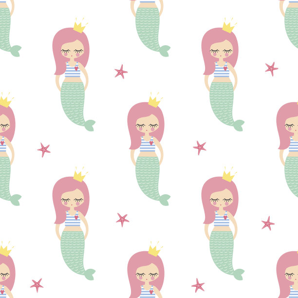 白底粉色头发美人鱼女孩与海星无缝图案。图片下载