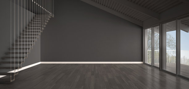 极简主义的夹层阁楼，空的工业空间，金属屋顶和拼花地板，斯堪的纳维亚经典的白色和灰色的室内设计与花园全景图片下载