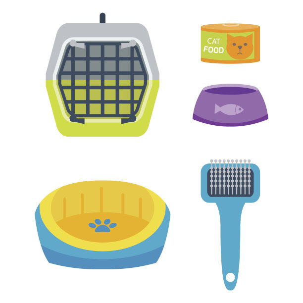 彩色的猫配件可爱的矢量动物图标宠物设备食物家猫插图图片下载