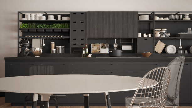 简约的白色和灰色木制厨房近景，斯堪的纳维亚经典的室内设计图片下载