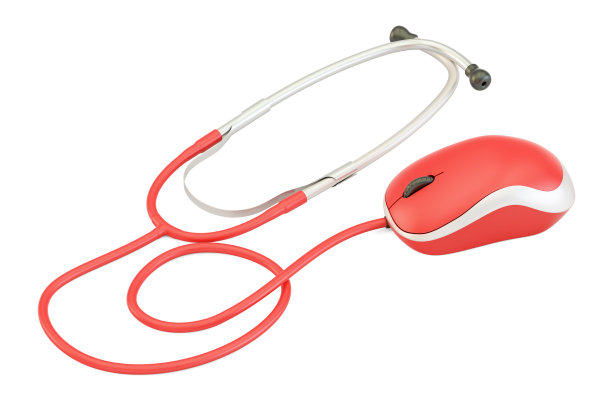 听诊器配电脑鼠标，医疗在线帮助概念。三维渲染图片下载