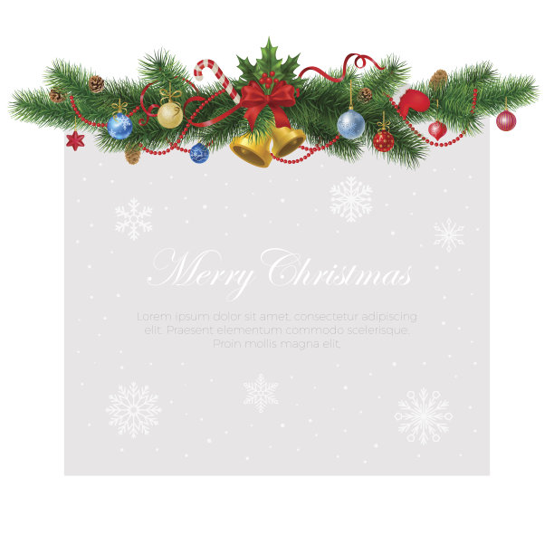 水平冷杉树枝花环，圣诞树玩具和铃铛，雪花背景矢量插图。寒假和庆祝概念。清空文本的拷贝空间。图片下载