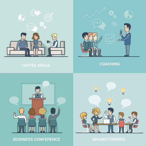 直线平商务人士工作休闲，办公室室内矢量插画。教练，演讲者，领袖人物。商务会议，辅导，头脑风暴，咖啡休息概念。图片下载