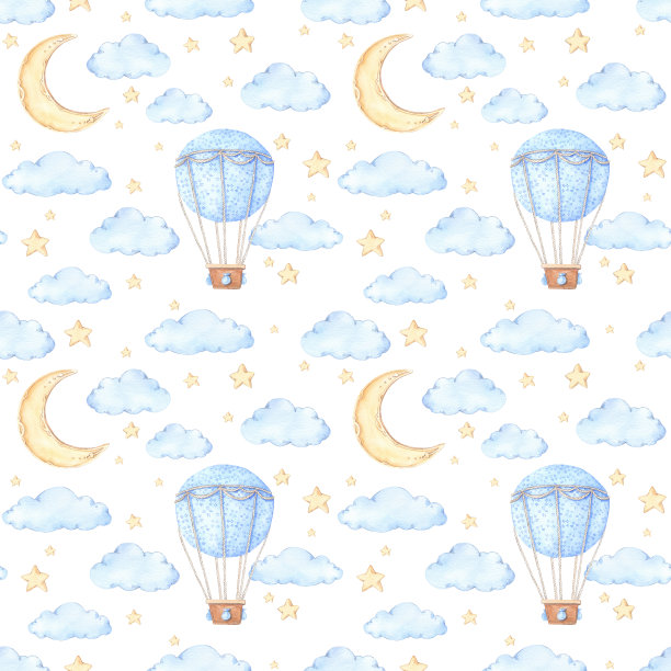 水彩无缝图案-气球，月亮和星星。关于儿童房间的想法。宝宝派对元素。适合印刷品，明信片，印刷品，贺卡，织物等图片下载