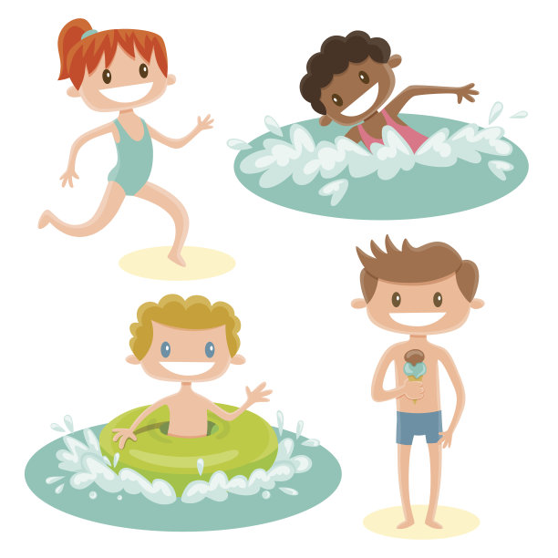 一组孤立的卡通孩子在海滩上玩耍。一个红头发的女孩在跑步，一个黑人女孩在游泳，一个金发男孩在海里游泳，一个棕色头发的男孩在吃冰淇淋。图片下载