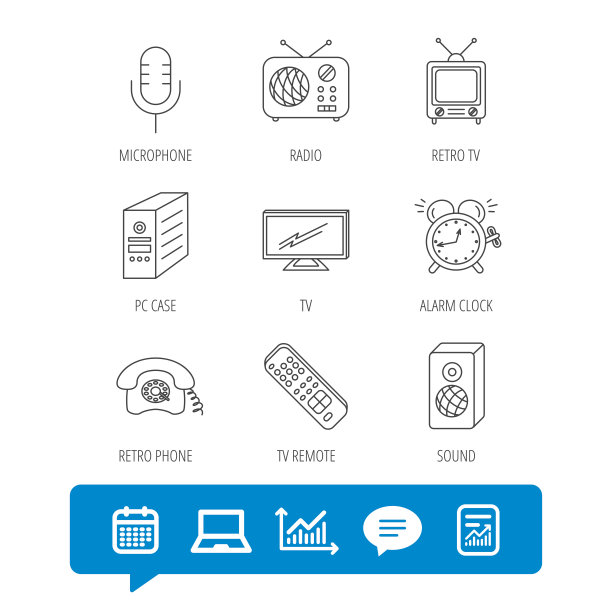 电视遥控器，复古手机和收音机图标。图片下载