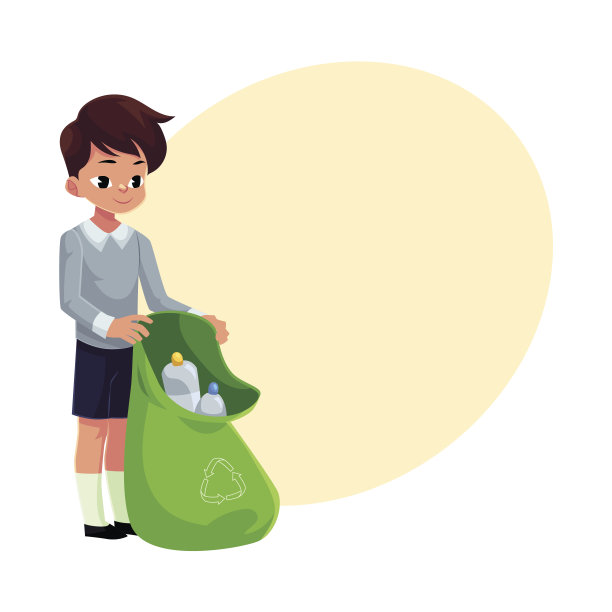 男孩拿着绿色塑料袋的瓶子，垃圾回收的概念图片下载