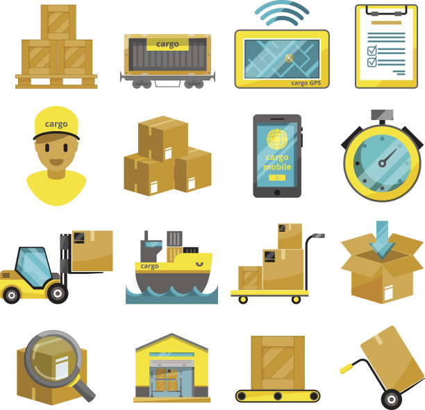 集装箱，卡车，船舶和其他货物图标。矢量插图图片下载
