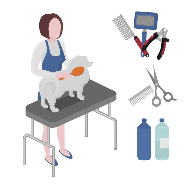 扁平美容美发设备集，狗理发工具图标。狗狗女孩美容收集，指甲剪，剪，滑油和刷子，梳子，剪刀和dematters图片下载