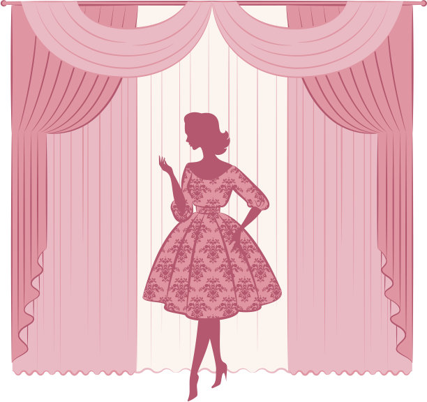 复古窗帘与剪影的女孩。向量图片下载