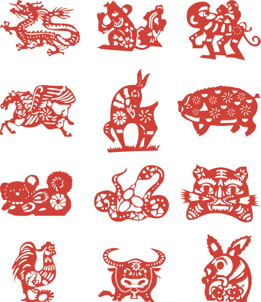 白色纸上的十二生肖红色剪纸素材图片