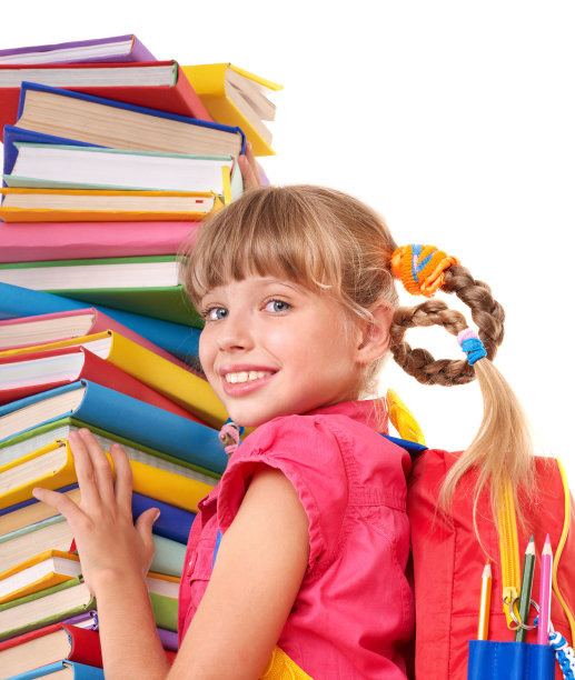 孩子有一大堆书。图片下载