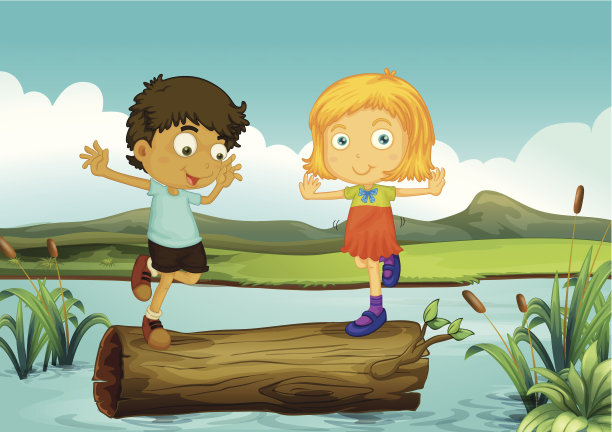 女孩和男孩在树干上漂浮图片下载