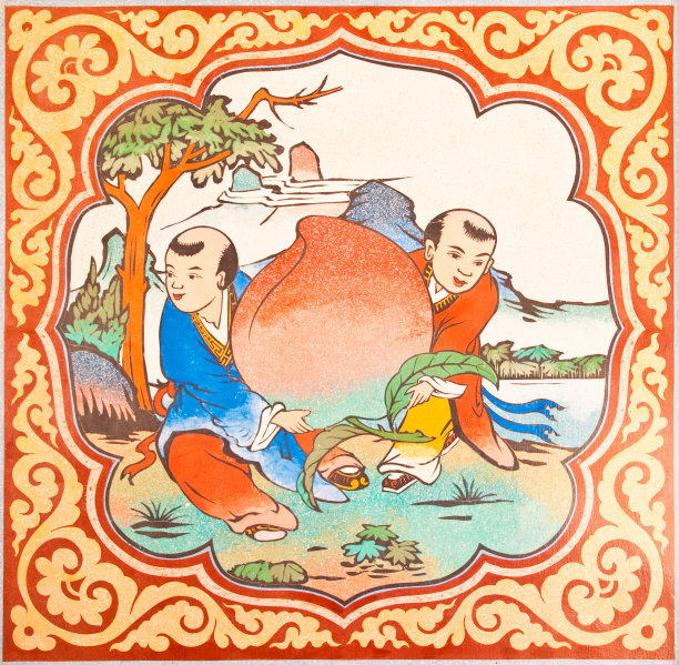 艺术中国风格的绘画在寺庙的墙壁上图片下载