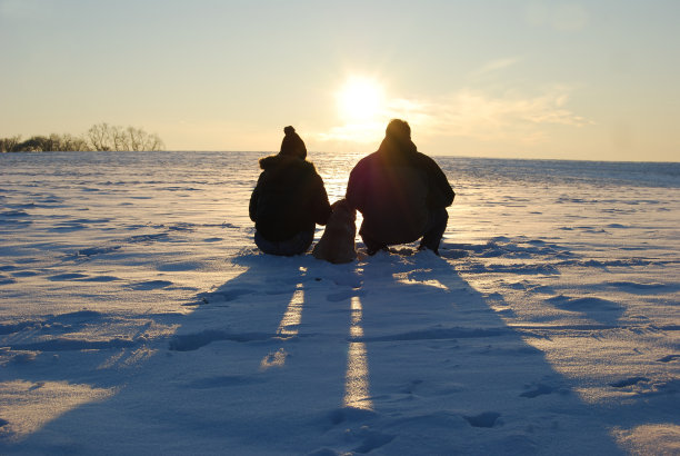 一对夫妇的剪影与狗面对日出在雪地上图片下载