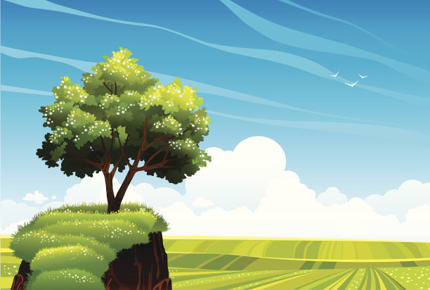 开花的树和绿色的草地图片下载