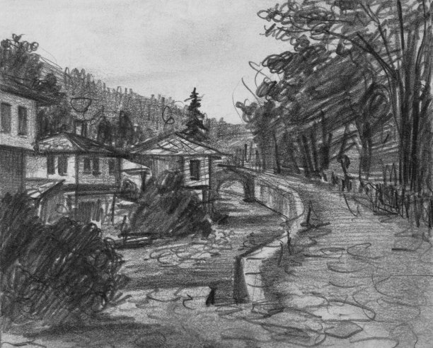 保加利亚传统老房子的铅笔画图片下载