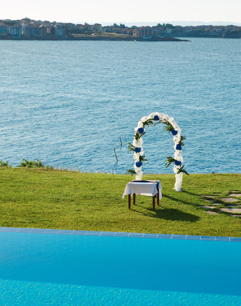 婚礼拱门，游泳池和大海图片下载