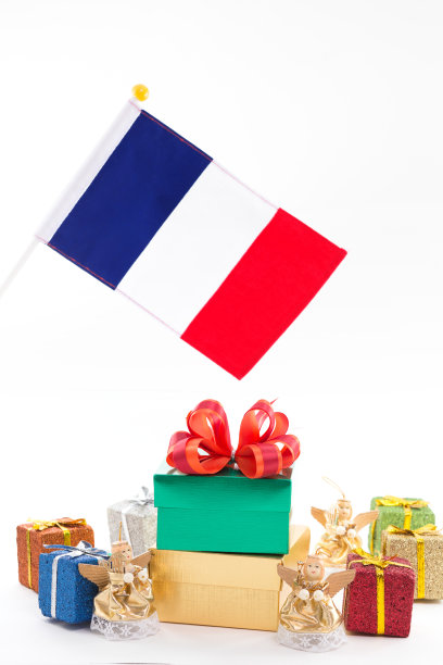 法国国旗和金色的圣诞装饰礼盒图片下载