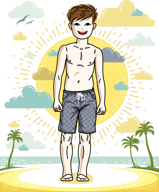 年轻男孩可爱的孩子们穿着时尚的沙滩短裤站着。向量的性格。剪纸艺术时尚主题。图片下载