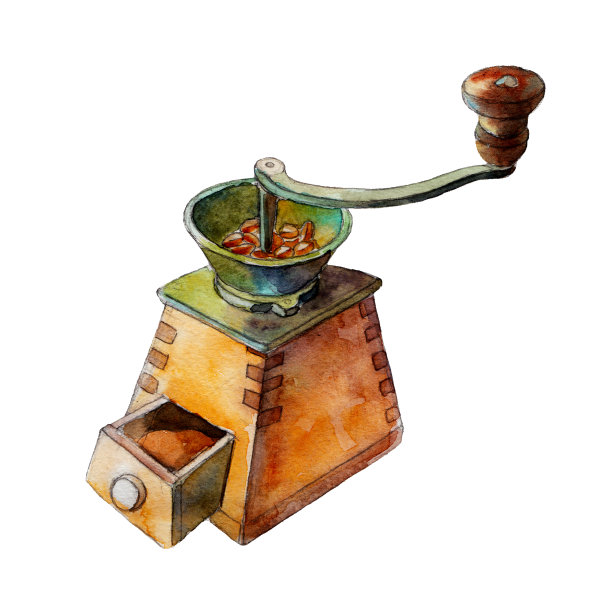 手工复古咖啡研磨机，手绘水彩插画。图片下载