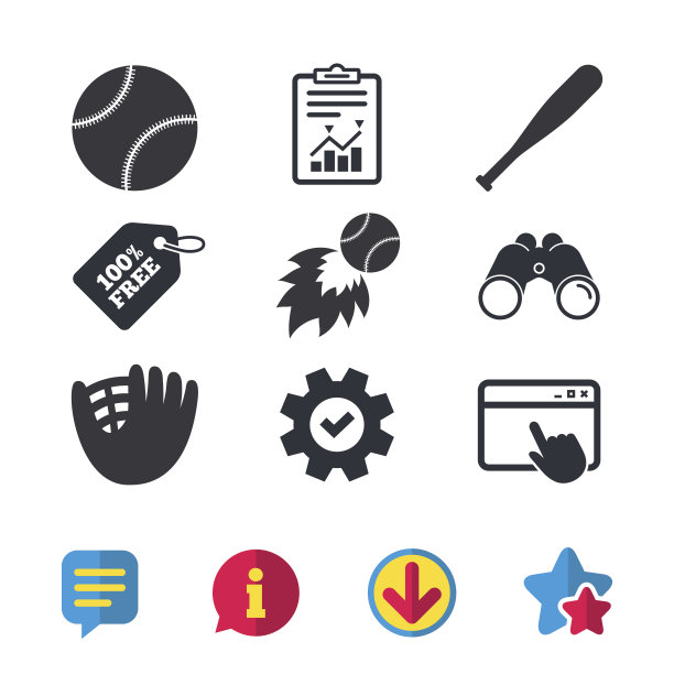 棒球图标。有手套和球棒标志的球。图片下载