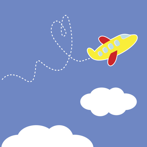 卡通飞机。冲天的心。爱的名片。图片下载