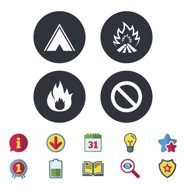 旅游露营帐篷标志。火灾火焰图标。图片下载