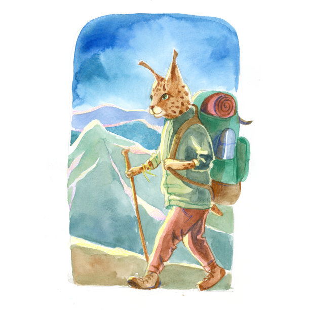 水彩插图。像人类一样可爱的动物。人性化的动物。山猫裤和夹克去山上散步背着背包素材图片