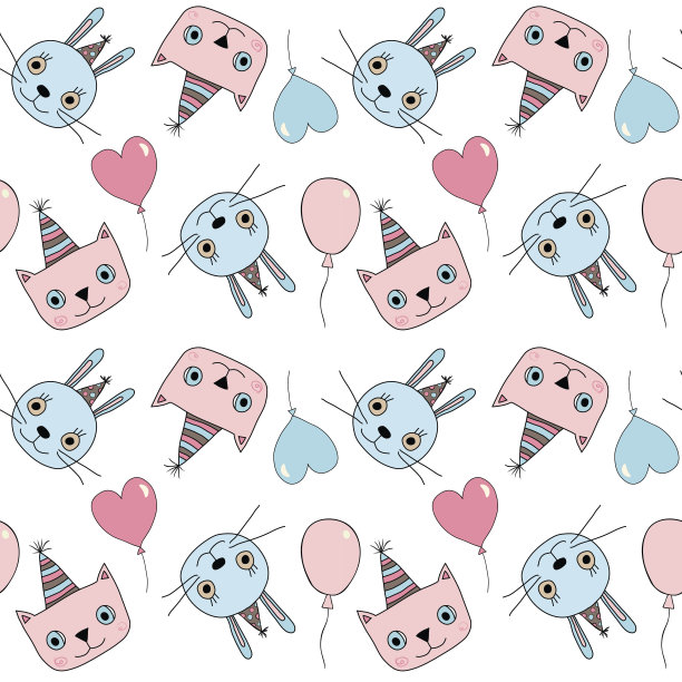 可爱的无缝生日图案，猫，兔子和气球在蓝色和粉红色的颜色的邀请，贺卡和纺织品图片下载
