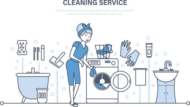 年轻的家庭主妇在浴室里，正在从事清洁服务图片下载