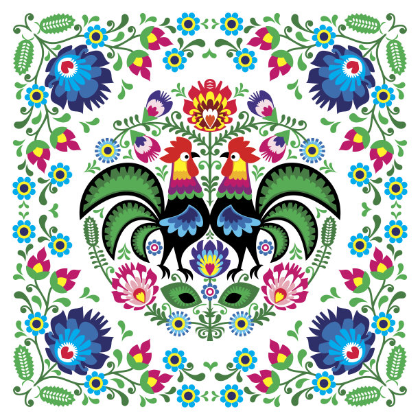 波兰民间花卉艺术广场图案与公鸡- wzory lowickie，威西南基图片下载