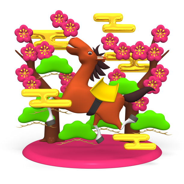 欢快的马和粉红色的梅树图片下载