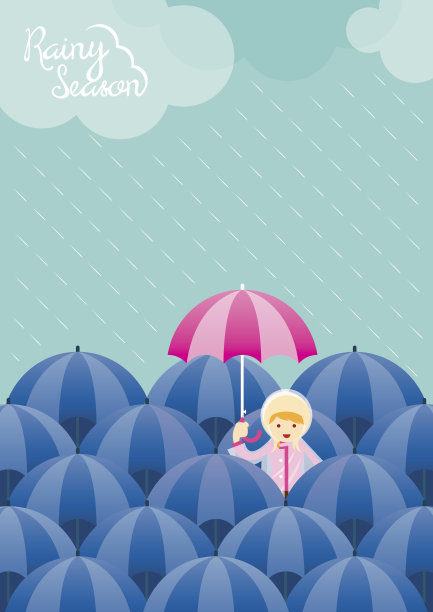 蓝伞雨季中带粉红伞的女孩图片下载