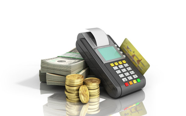 卡终端机在堆叠的美元纸币和一个银行卡内的白色光泽的背景3d插图图片下载