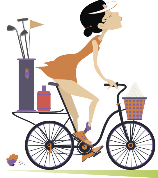 微笑的年轻女子骑着自行车去打高尔夫球图片下载